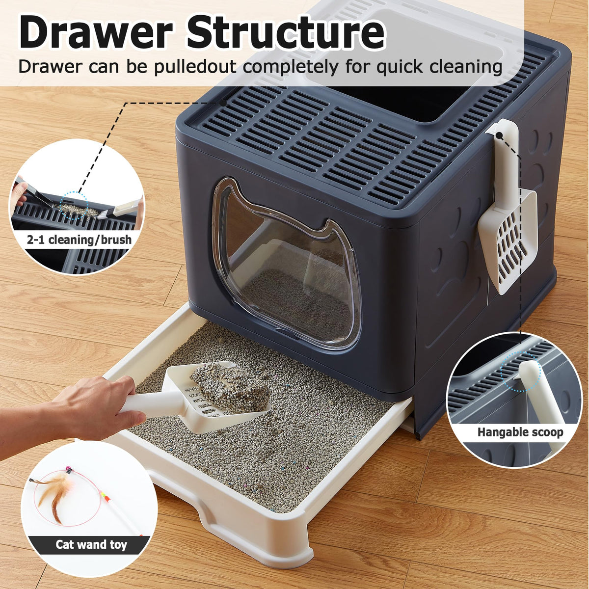 Top Entry Covered Cat Litter Box with Scoop and Brush A15629