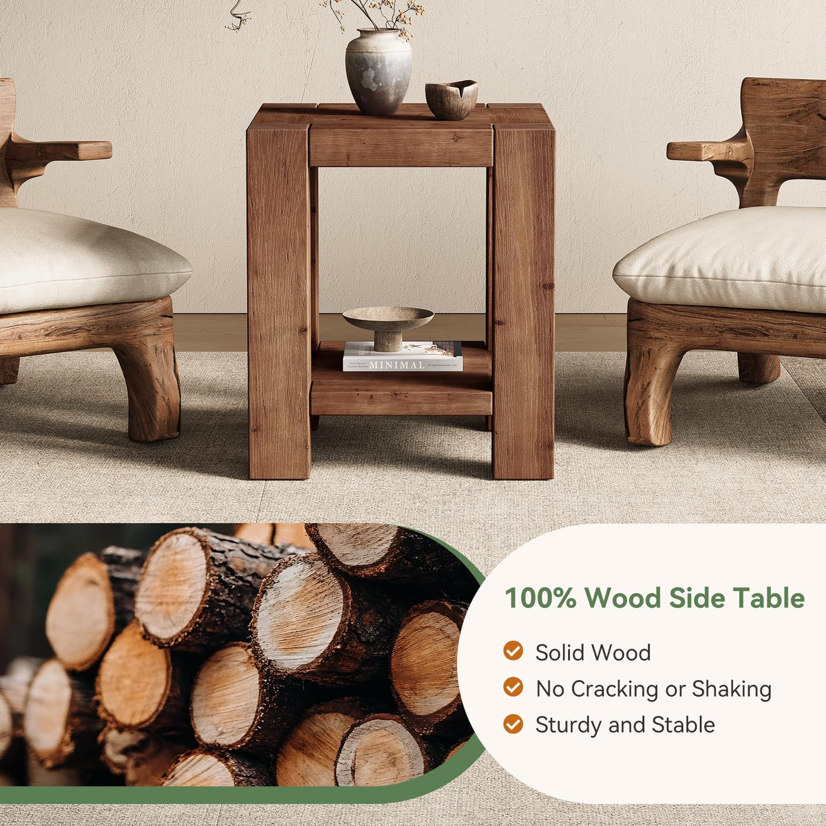 Solid Wood 2-Tier Side Table Set of 2 with Storage Shelves N5734