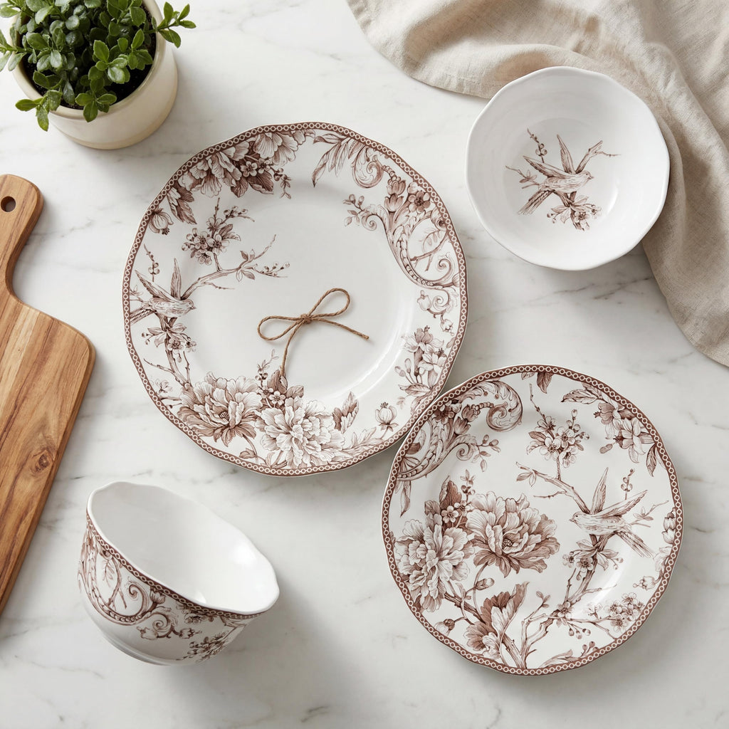 Brown on White 12-Piece Porcelain Dinnerware Set Y9118