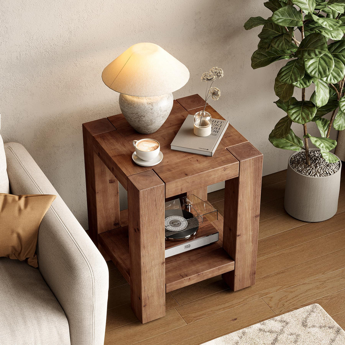 Solid Wood 2-Tier Side Table Set of 2 with Storage Shelves N5734